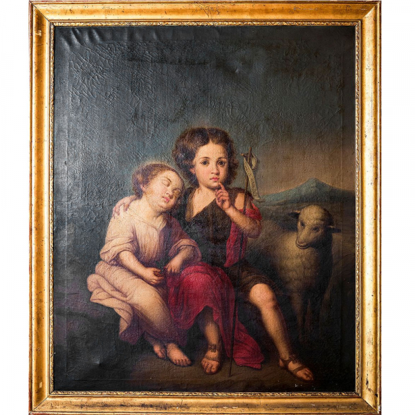 JOSÉ MARÍA VÁZQUEZ o VASQUEZ (México, c.1765 - c. 1826) "El Niño Jesús y San Juan Bautista".    Óleo sobre lienzo
