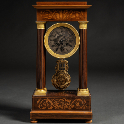 Reloj en forma de pórtico tetrástilo en madera con aplicaciones en bronce dorado del siglo XIX.