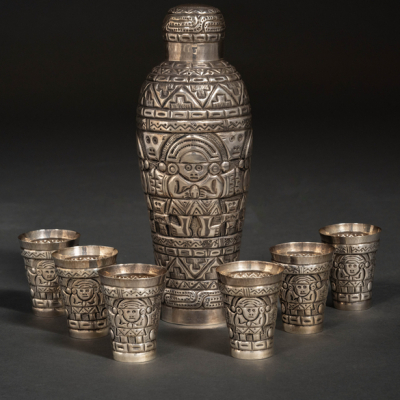 Conjunto de coctelera y seis vasos en plata peruana del siglo XX