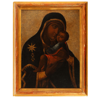Virgen Negra (siguiendo modelos de Iconos Ortodoxos llegados de Europa del Este al Nuevo Mundo), trabajo Colonial o Virreinal del siglo XVII, posiblemente México o Perú. 