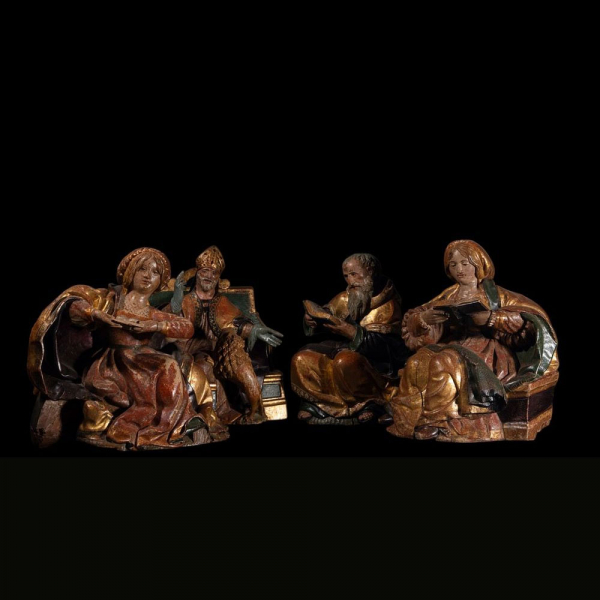 Espectacular lote de cuatro tallas Renacentistas alemanas del siglo XVI, posiblemente Valle del Rin finales del siglo XV a principios siglo XVI.