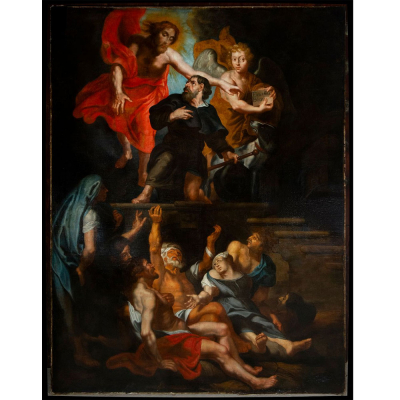Maestro espa&ntilde;ol o italiano del siglo XVII. Santo Peregrino con figuras celestiales. &Oacute;leo sobre lienzo. 