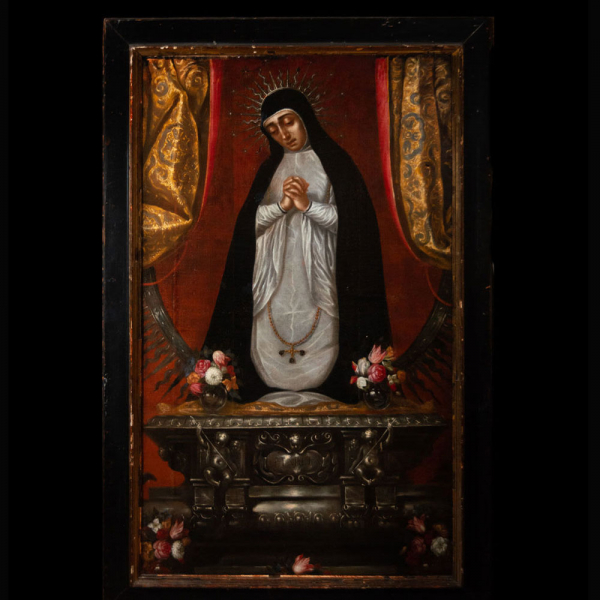 Importante y exquisita Gran Virgen de la Soledad sobre lienzo, escuela colonial Novohispana del la primera mitad del siglo XVII.