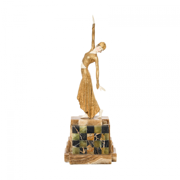 Después de Démetre H. Chiparus (Dorohoi, Rumanía, 1886-París, Francia, 1947) Bailarina. Escultura criselefantina estilo Art Deco en bronce dorado y marfil.
