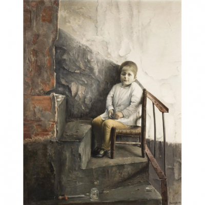 Eduardo Naranjo. &quot;Niña en la escalera (1971)&quot;. Óleo sobre lienzo. Firmado y fechado (71) en el ángulo inferior derecho.