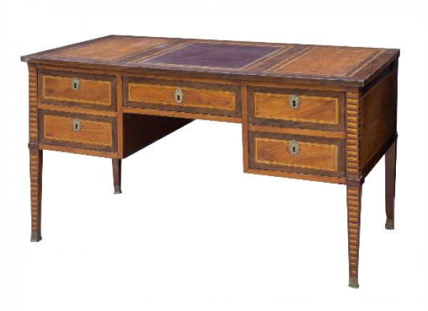 Mesa Carlos IV de despacho de madera frutal con marquetería. Trabajo español, finales del S. XVIII - principios del S. XIX.