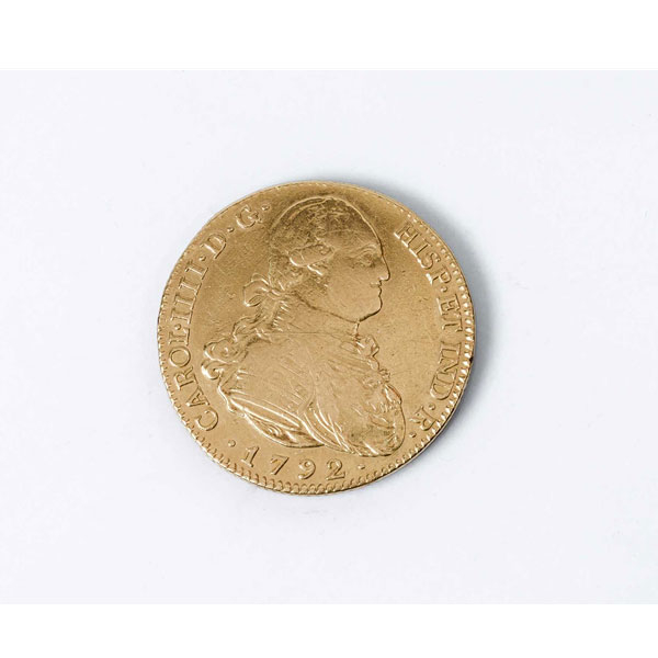 Moneda de oro (900 mil.). ESPAÑA. 4 Escudos. Carlos IIII.1792. Madrid. 29 mm. MBC+.