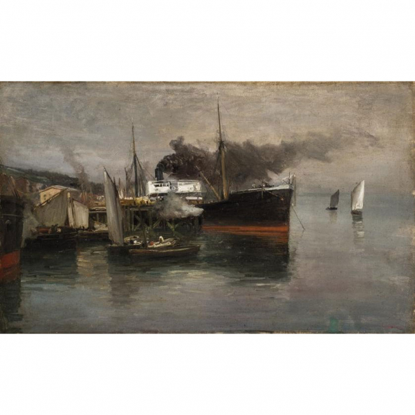 Jaime Morera y Galicia.   &quot;Puerto&quot;. Óleo sobre lienzo. Firmado en el ángulo inferior derecho. 
