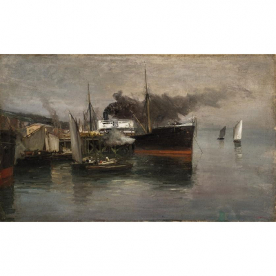 Jaime Morera y Galicia.   &quot;Puerto&quot;. Óleo sobre lienzo. Firmado en el ángulo inferior derecho. 