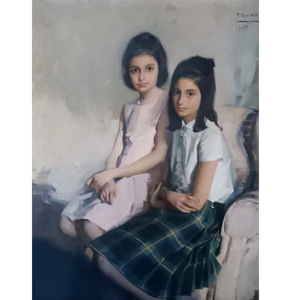 Félix Revello de Toro (Málaga 1926). "Retrato de dos jóvenes" (1965). Óleo sobre lienzo firmado en ángulo superior derecho.