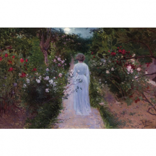 Antonio Fillol.  "Caminando por la rosaleda (1902)". &Oacute;leo sobre lienzo. Firmado y fechado (902) 