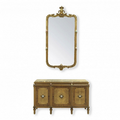 Conjunto de recibidor de madera y porcelana, s.XX. 