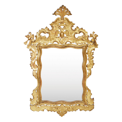 Espejo en madera tallada y dorada con decoraciones fitomorfas y de aves, s.XVIII.
