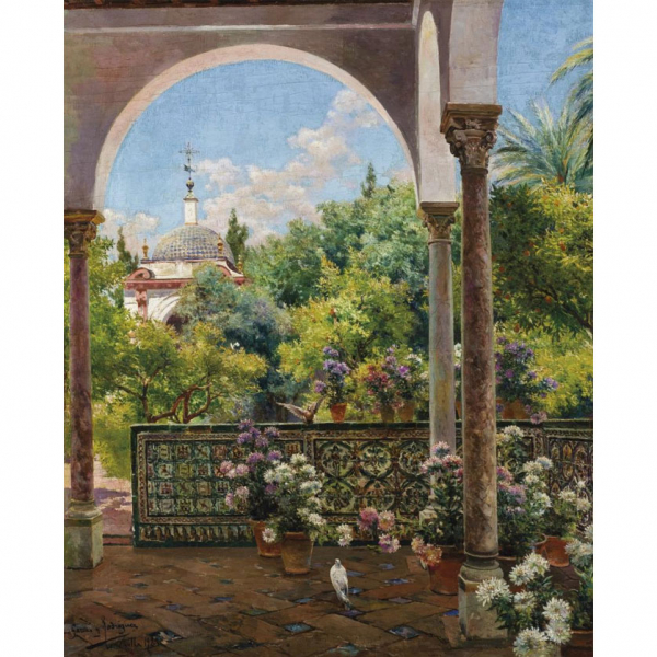 Manuel García y Rodríguez (1863 - 1925) &quot;En el Pabellón de Carlos V&quot;. Óleo sobre lienzo.