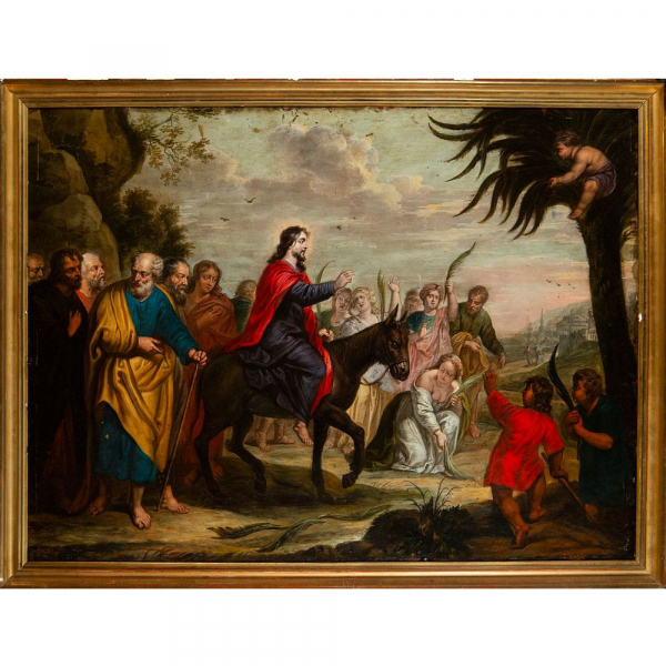 RUBENS Y TALLER (Siegen, 1577-Amberes, 1640) "Entrada Triunfal de Jesús en Jerusalén".   Óleo sobre plancha de cobre.