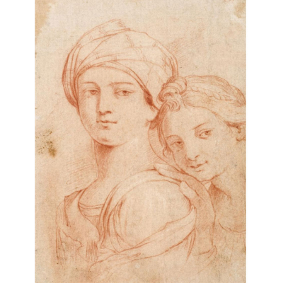 An&oacute;nimo Europeo S. XVIII. "Mujer con turbante y ni&ntilde;a". Sanguina sobre papel.