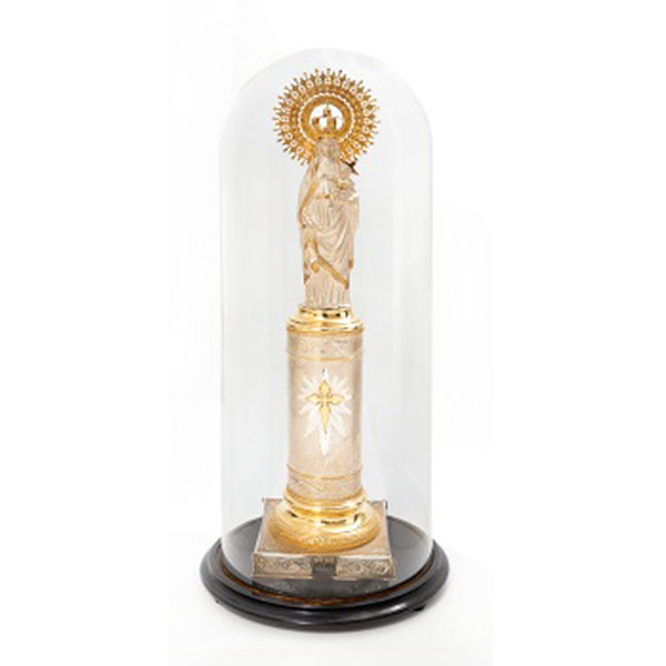 Figura en plata 916 y plata vermeil Virgen del Pilar. Marcas del platero Aladrén y LBB. Fin S. XIX - Pp. S. XX
