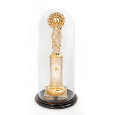 Figura en plata 916 y plata vermeil Virgen del Pilar. Marcas del platero Aladrén y LBB. Fin S. XIX - Pp. S. XX