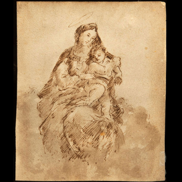 ESCUELA ESPA&Ntilde;OLA O ITALIANA, SIGLOS XVII&ndash;XVIII "La Virgen con el Ni&ntilde;o sobre nubes". Dibujo.