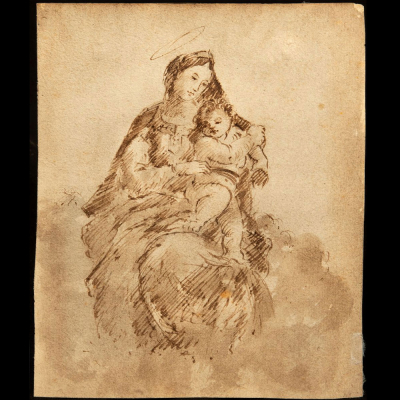 ESCUELA ESPA&Ntilde;OLA O ITALIANA, SIGLOS XVII&ndash;XVIII "La Virgen con el Ni&ntilde;o sobre nubes". Dibujo.