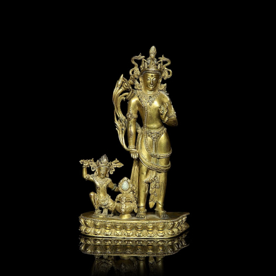 Excepcional grupo escultórico de bronce dorado &quot;Vajrapani y Achala&quot;, Tibet, s. XIV.