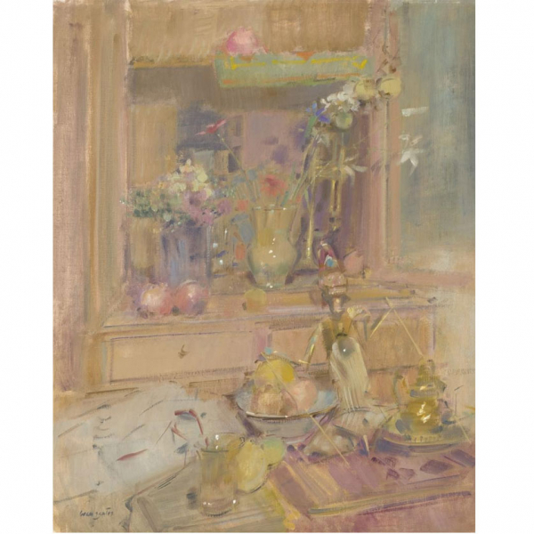 Julián Grau Santos. "Alacena con muñecos". Óleo sobre lienzo. Firmado en ángulo inferior izquierdo.
