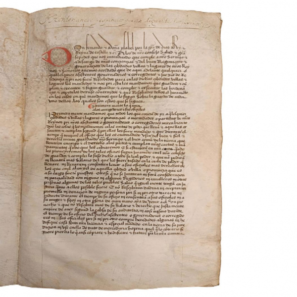 Ordenanzas de corregidores. Ordenanzas y capítulos que han de guardar los corregidores, y sus oficiales, dictadas por los Reyes Católicos Doña Isabel y Don Fernando. Manuscrito sobre pergamino