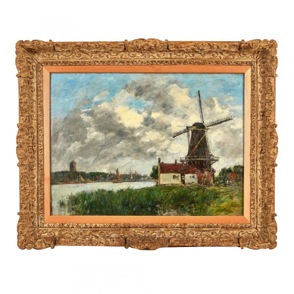 EUGÈNE BOUDIN (Honfleur, 1824 – Deauville, 1898) "Dordrecht, moulin sur les bords de la Meuse" (1875).    Óleo sobre lienzo. 