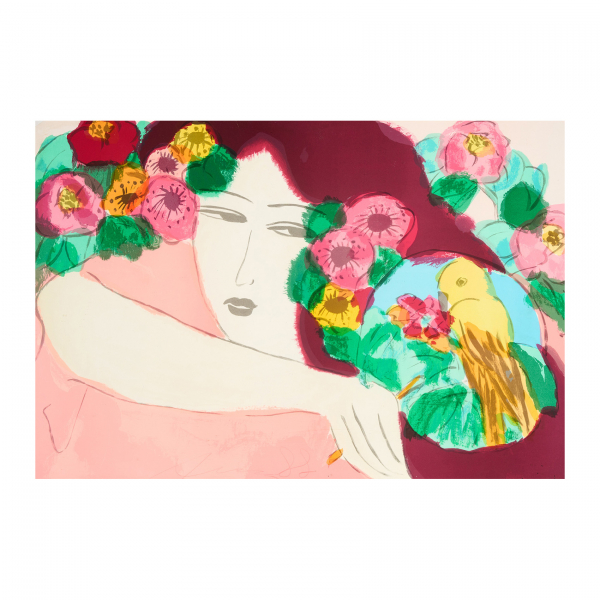 Walasse Ting (Shangai, China, 1929-Nueva York, 2010)  Dama con pájaro.  Litografía sobre papel. Firmada a lápiz.