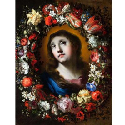 Escuela Italiana S. XVII.  &quot;Virgen con orla de flores&quot;. Óleo sobre tabla.