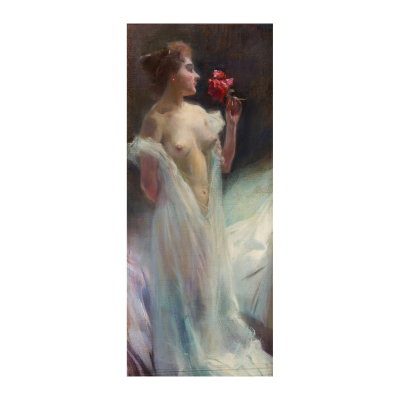 Otto Friedrich (Austria, 1862-1937)  Semidesnudo femenino.  Óleo sobre táblex. Firmado con siglas y fechado en 1900. 