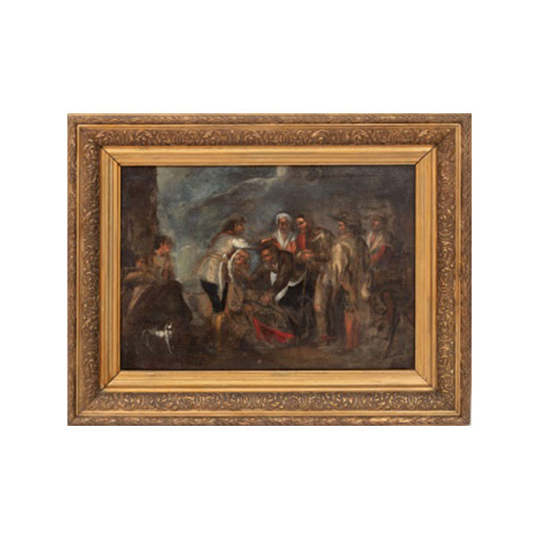 ESCUELA ESPAÑOLA O ITALIANA     (S. XVIII)  "Pesonajes con burro y paisaje al fondo"  Óleo / Lienzo 