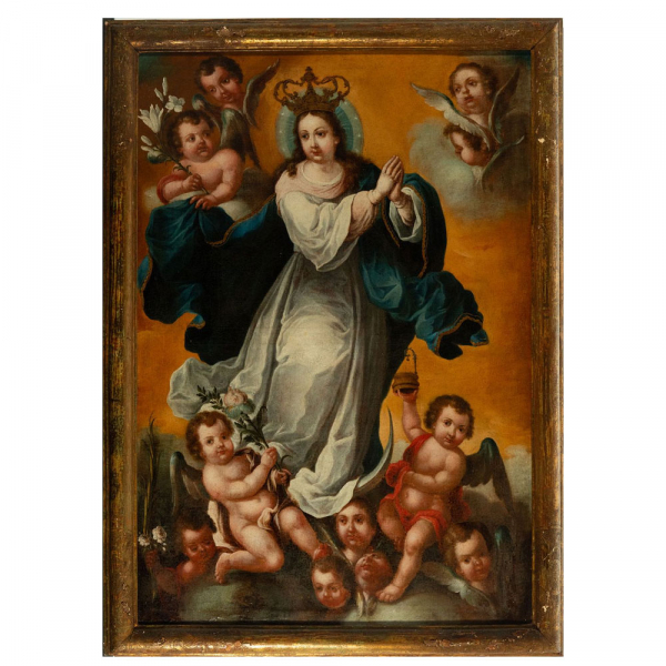 Importante Gran Virgen Inmaculada Rodeada de Ángeles Novohispana, trabajo colonial mexicano de finales del siglo XVII. 