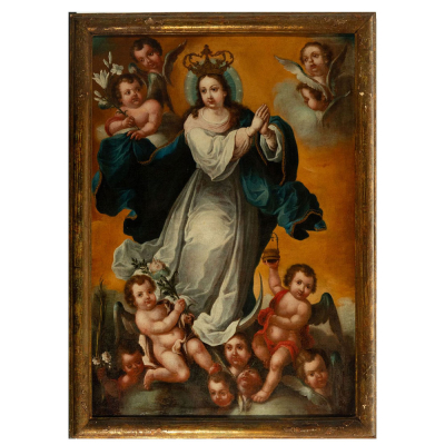 Importante Gran Virgen Inmaculada Rodeada de Ángeles Novohispana, trabajo colonial mexicano de finales del siglo XVII. 
