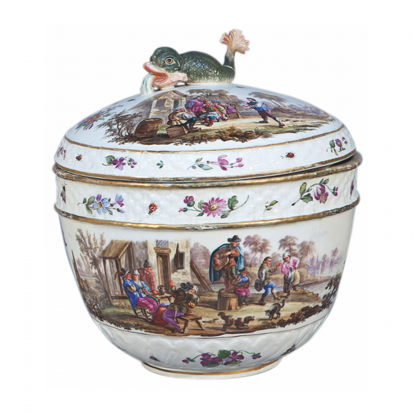 Centro de mesa con tapa en porcelana alemana esmaltada con decoración de escenas campestres tipo Teniers, s.XIX.