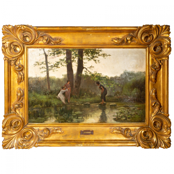 Joaquim Vayreda Vila (Girona, 1843-Olot Girona, 1894)  Paisaje fluvial con personajes.  Óleo sobre tela. Firmado.