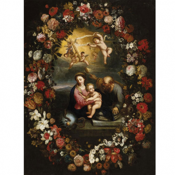 Escuela Francesa S. XVII.   &quot;Sagrada Familia con orla de flores&quot;. Óleo sobre lienzo.