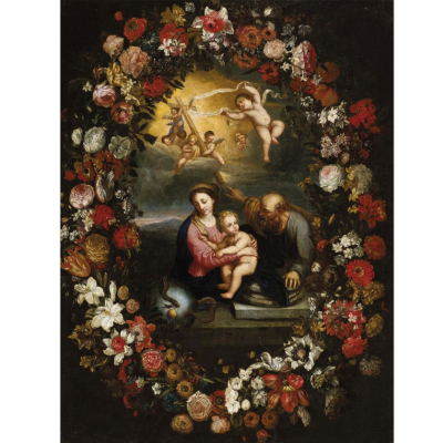 Escuela Francesa S. XVII.   &quot;Sagrada Familia con orla de flores&quot;. Óleo sobre lienzo.
