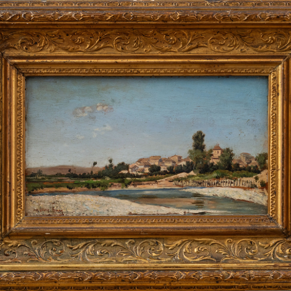 "Paisaje".  MARIANO OLIVIER AZNAR (Zaragoza, 1863-Madrid, 1927).   Técnica: Óleo/Tabla