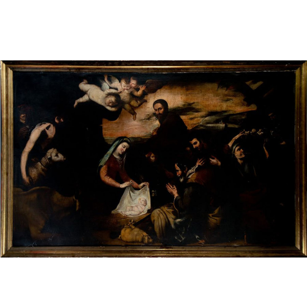 Importante "Adoraci&oacute;n de Pastores", versi&oacute;n de taller de Jos&eacute; de Ribera, Escuela Napolitana del siglo XVII. 