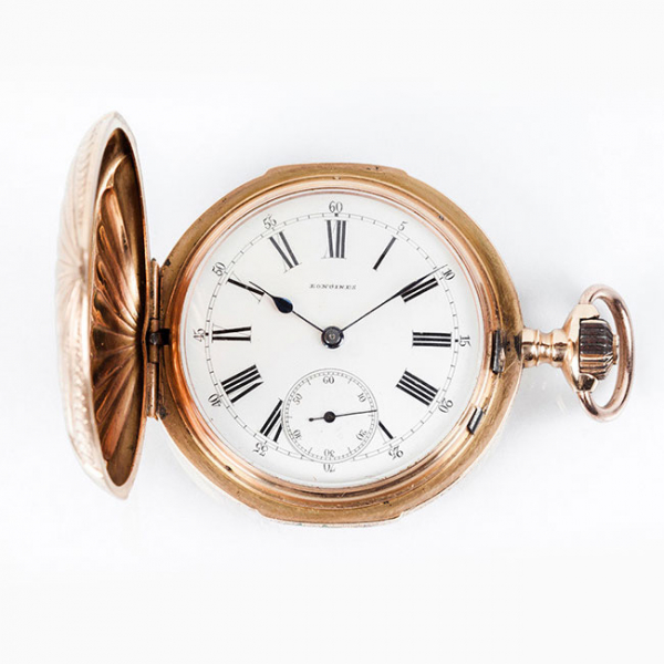 Reloj saboneta de bolsillo, suizo, LONGINES, en oro amarillo 18 K,  N&ordm; 515491, y la guardapolvos con el lema de Grand Prix 1889 