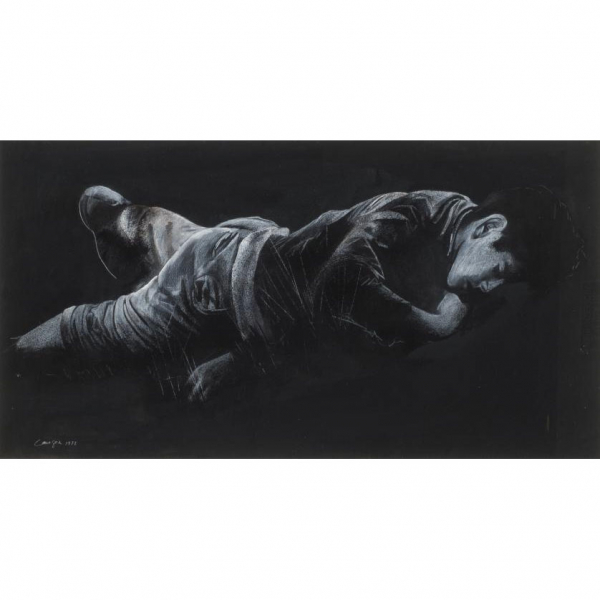 Rafael Canogar.   &quot;Muchacho tumbado (1972)&quot;. Gouache sobre cartulina. Firmado y fechado (72) en el ángulo inferior izquierdo.