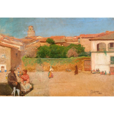 Luis Bertodano (Espa&ntilde;a, act.1931)  Plaza del pueblo.  &Oacute;leo sobre tela. Firmado y fechado en 1912. 