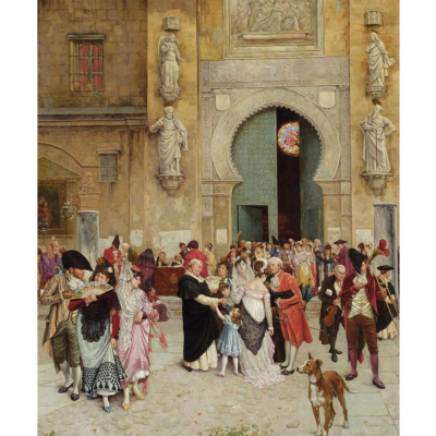 Joaquín Turina y Areal. &quot;Salida de misa por la Puerta del Perdón de la Catedral de Sevilla (1878)&quot;. Óleo sobre tabla.
