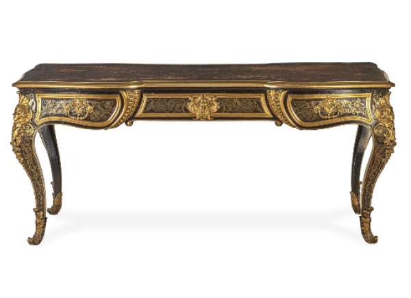 "Bureau plat" de estilo Luis XIV de madera de palisandro, marqueter&iacute;a boulle de metal, concha de tortuga y bronce dorado. Estampillado Magisson. Trabajo franc&eacute;s, &uacute;ltimo cuarto del S. XIX.