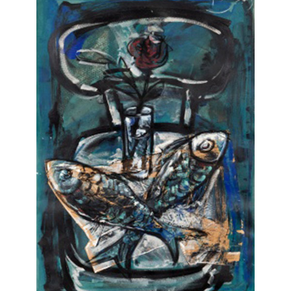 MANUEL PUJOL BALADAS  (Vich, Barcelona 1947) "Bodegón de silla, pescados y rosa "  