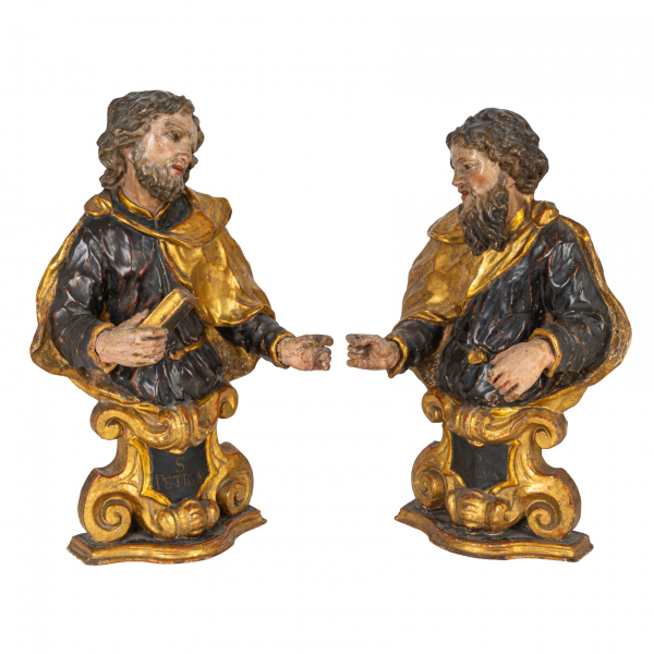 Escuela espa&ntilde;ola, s.XVII.  San Pedro y San Pablo.  Pareja de tallas barrocas en madera tallada, policromada y parcialmente dorada. 
