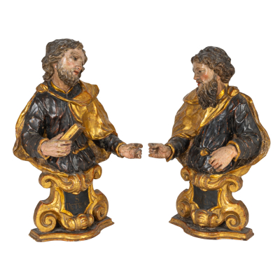 Escuela espa&ntilde;ola, s.XVII.  San Pedro y San Pablo.  Pareja de tallas barrocas en madera tallada, policromada y parcialmente dorada. 
