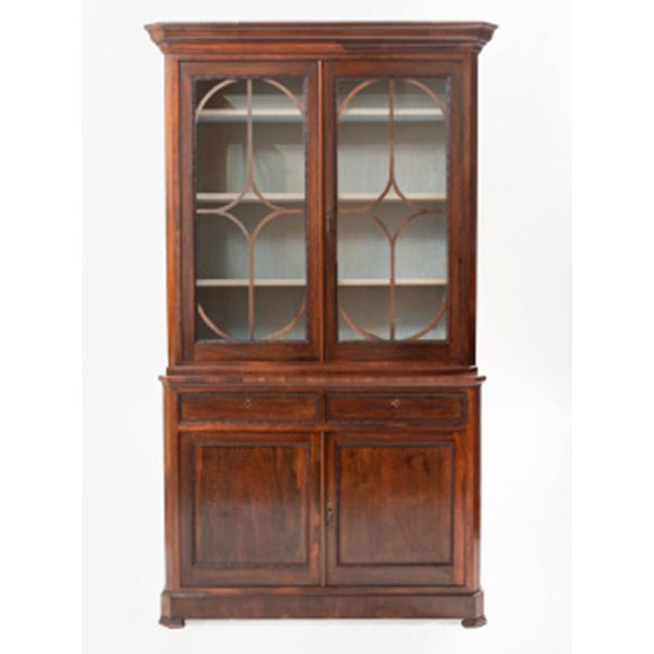 Mueble librería de 2 cuerpos en madera de palo santo con puertas en cristal Época Victoriana. Inglaterra.