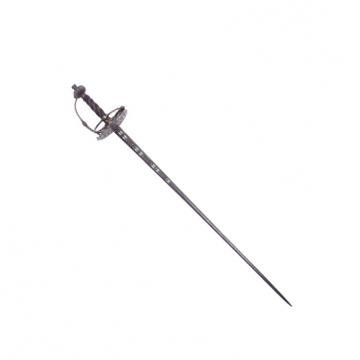 Espada grabada "Iuan Martinez en Toledo" c. 1635-1660.   Espada inglesa con empu&ntilde;adura de plato y hoja espa&ntilde;ola.